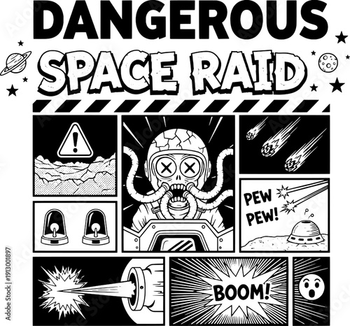 Dangerous Space Raid Comic Page with Skeleton Astronaut and Laser Battle