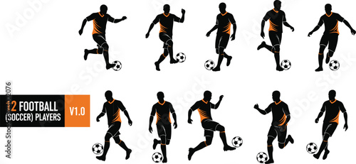 Black and orange silhouettes of soccer players in various poses with balls football