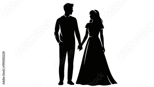 Romantic Couple Holding Hands Silhouette Vector Illustration | Man and Woman Outline for Wedding, Love, and Dating Graphics