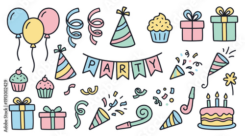 Colorful party decorations and accessories illustration set.