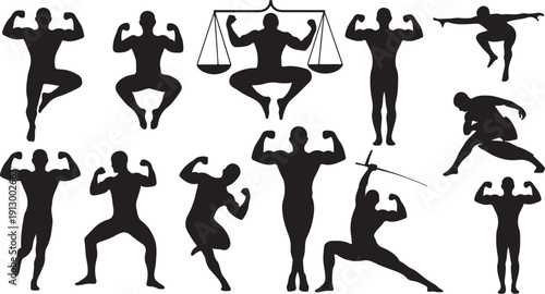 Silhouette of various strong athletic poses and scales