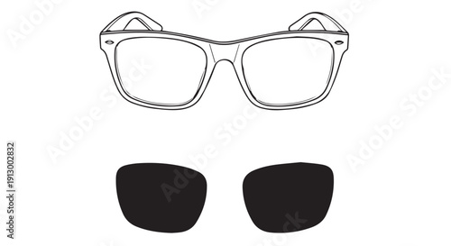 A line drawing of a pair of glasses with two extra lenses on a white background.