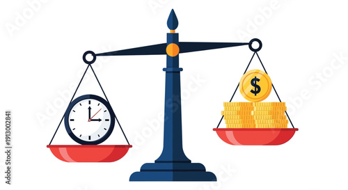Balance scale with a clock on one side and gold coins with a dollar sign on the other, symbolizing the concept of time versus money.