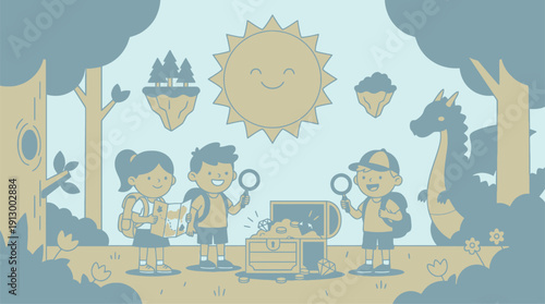 Children exploring nature with magnifying glasses in a forest.