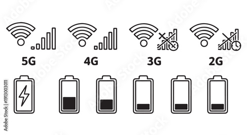 Mobile network and battery icons for 5G, 4G, 3G, 2G signal strength and battery life levels on a white background.