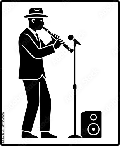 Jazz musician performing on stage with saxophone and microphone