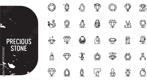 Collection of various precious stone and jewelry icons in line art style, including diamonds, rings, and gemstones.