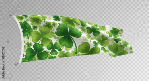Green shamrock flag waving with four leaf clover pattern on white background