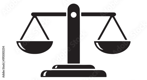 Black silhouette of a balance scale icon on white background, symbolizing justice, equality, and fairness in law and ethics.