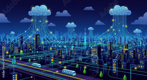 Futuristic cityscape with cloud computing network and neon lights at night illustrating smart city technology and data transfer