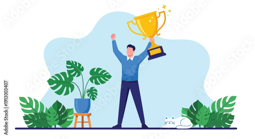Person in blue raises a gold trophy with stars, celebrating. Green plants and a relaxed white cat are nearby, conveying success and tranquility.