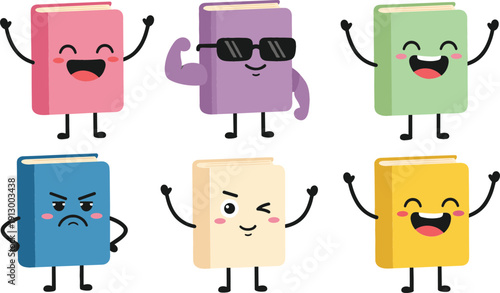 Cute Cartoon Book Characters Vector Set with Funny Expressions for Education, Learning Apps, Libraries, Kids Illustrations, and Playful Graphic Design Projects
