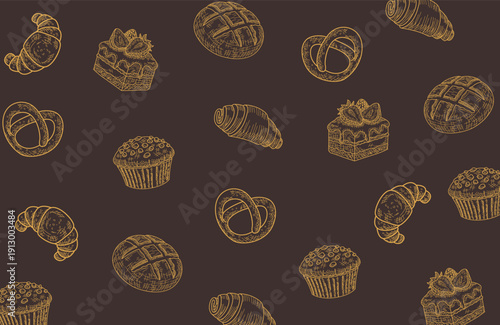 Seamless bakery pattern featuring bread croissant cake muffin and pretzel in golden hand drawn sketch style on dark background perfect for food packaging and cafe design illustration style