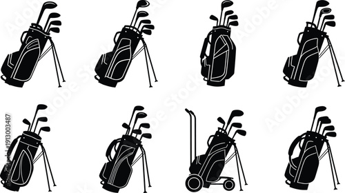 Black and white golf club bags with clubs golf bag golf clubs golf equipment sports