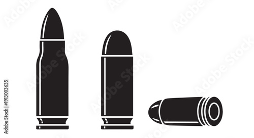 Three black bullet icons in various orientations on white background, symbolizing ammunition and weaponry.