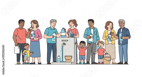 Diverse group of people standing in line at a water refill station outdoors