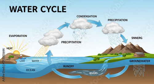 Water cycle process diagram with evaporation condensation and precipitation