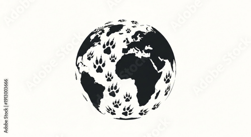 Black and white globe with animal paw prints on continents symbolizing wildlife conservation and global footprint
