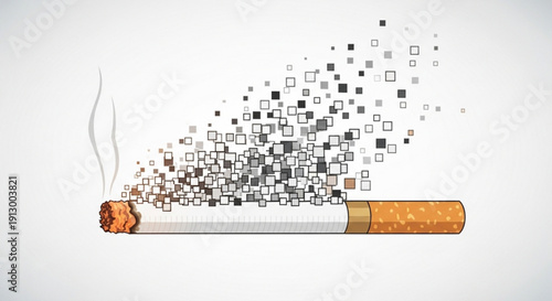 Cigarette disintegrating into pixels smoke on white background