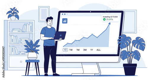Man holds a laptop, standing by a large screen displaying a rising investment chart. The room features plants and a bookshelf, conveying growth and success.
