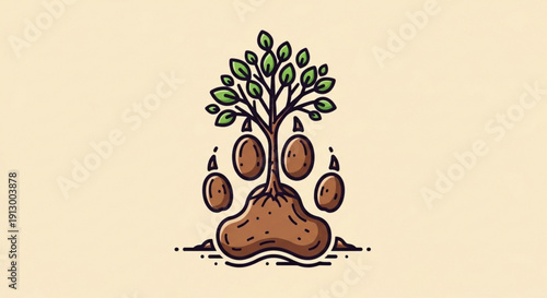 Brown paw print with green sprouting tree on beige background symbolizing growth and harmony with nature eco friendly concept