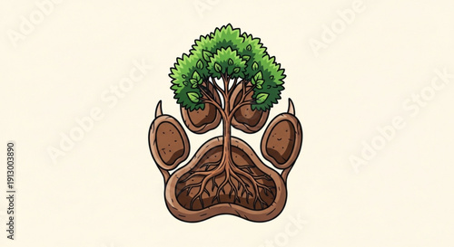 Tree growing from bear paw print with roots symbolizing nature conservation and wildlife protection