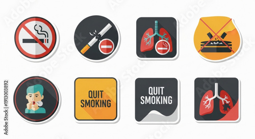 Quit smoking icons set no smoking signs lung health symbols stop smoking concept