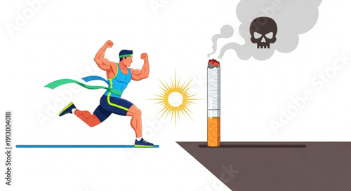 Man running from cigarette smoke with skull symbol representing healthy lifestyle and anti smoking concept