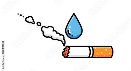 Smoking cigarette with smoke and water drop on white background symbolizing health risks and addiction