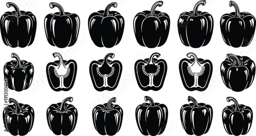 Black and white bell pepper vector set, paprika vegetable illustration collection, pepper icons, food clipart, isolated botanical design, organic concept