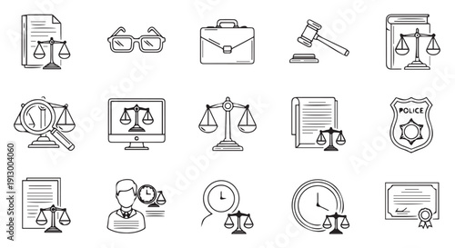 Collection of legal icons including scales, law books, gavel, police badge, glasses, briefcase, and certificate.