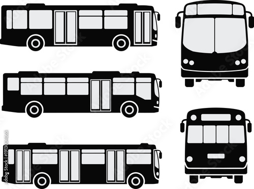 City bus silhouettes set isolated on white background, public transport vehicle icons in side and front view