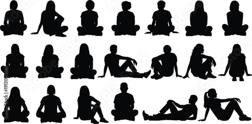 Collection of children silhouettes sitting cross legged isolated on white background, black shadow kids in various poses, minimal design