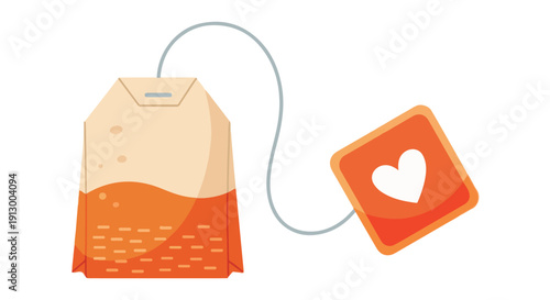 An illustration of a tea bag with a heart on it and a string, symbolizing love and warmth in a cup of tea.