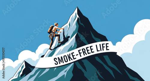 Man standing on mountain peak with smoke free life banner symbolizing achievement and healthy living