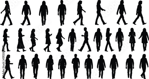 Collection of walking people silhouettes isolated on white background, men and women black shadow figures in motion