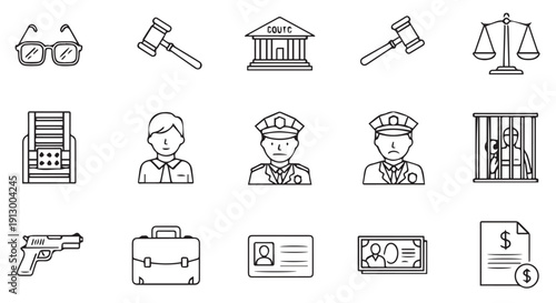 A set of line icons related to law, justice, and crime, including legal symbols and criminal justice elements.