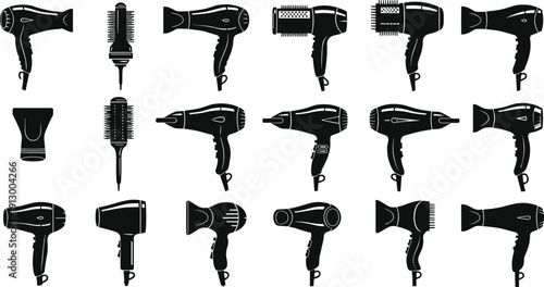 Hair styling tool silhouette collection, hair dryer vector illustration, round brush design art, grooming equipment icon, salon accessory graphic set