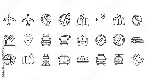 Collection of travel and transportation icons including airplanes, cars, maps, and globes for navigation and tourism