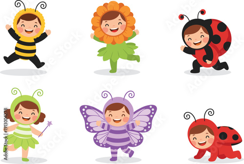 Cute kids wearing insect and flower costumes cartoon characters set isolated on white background colorful vector illustration collection