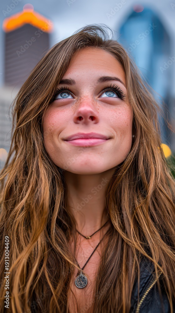 Fototapeta premium A woman with long brown hair and blue eyes is smiling and looking up at the sky. She is wearing a necklace and a black jacket