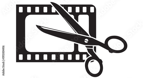 Black film strip icon with scissors cutting through, representing video editing and filmmaking.