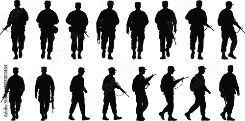 Military soldiers silhouettes walking with rifles, armed forces patrol team in uniform isolated on white background illustration concept