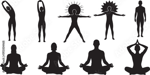 Yoga poses silhouettes for meditation and wellness practices
