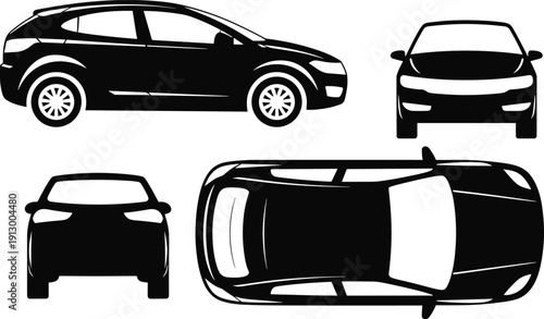 Modern car silhouettes set isolated on white background, vehicle icons in side front rear and top view