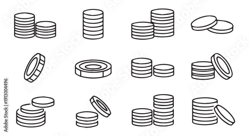 A collection of black line art illustrations of stacked coins in various configurations and sizes on white background.