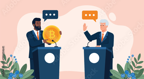 Illustration of two men at podiums debating Bitcoin. One holds a Bitcoin symbol, expressing it through a speech bubble. Surrounding are green plants.