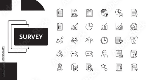 A collection of black and white survey icons for business, research, and analysis on a white background.