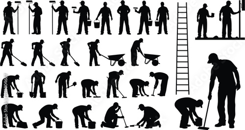 Set of construction worker silhouettes with tools isolated on white background, painter and builder black shadow collection design