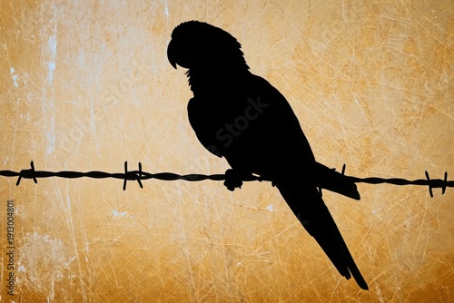 Silhouette of a bird perched on a barbed wire fence against a warm backdrop.